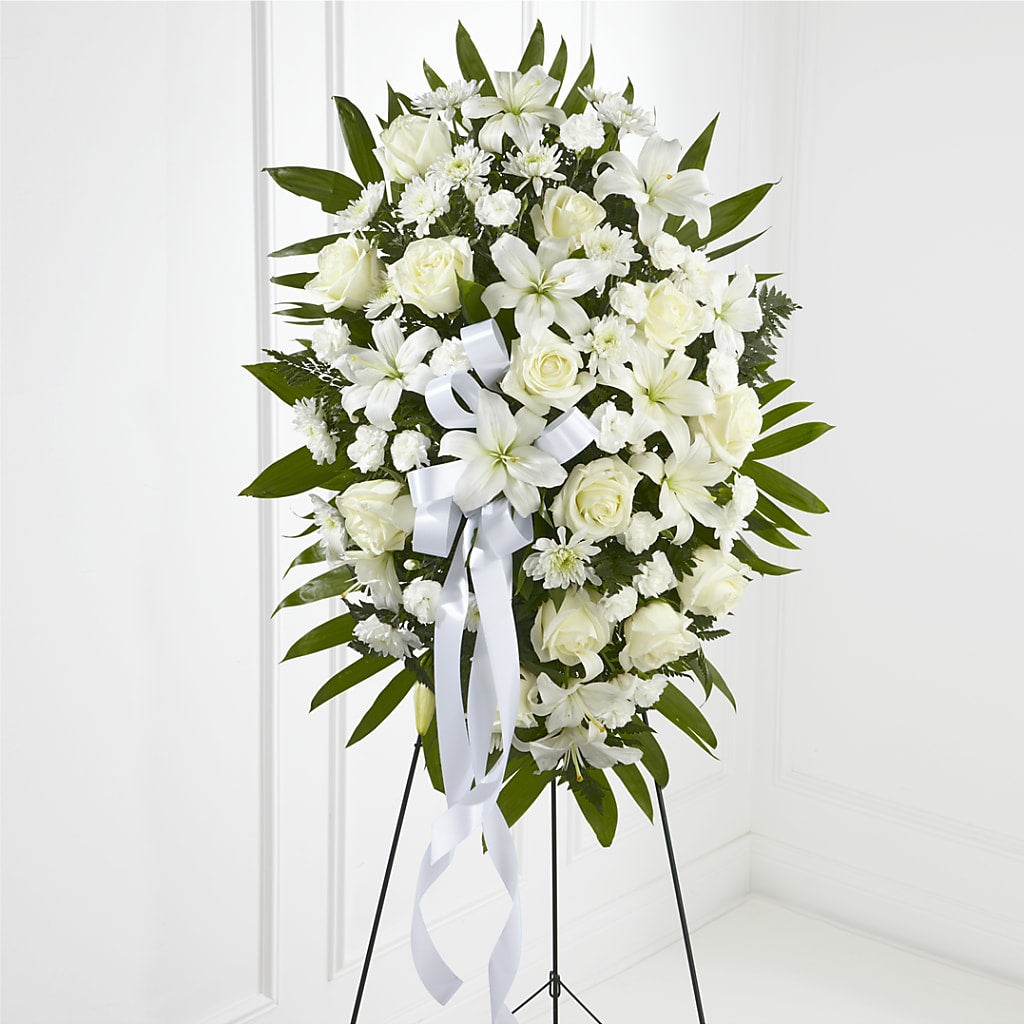 Exquisite Tribute Standing Spray-White Ribbon – True Blooms, Winters CA
