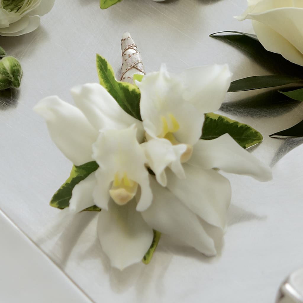 White Mini Cymbidium Boutonniere – True Blooms, Winters CA